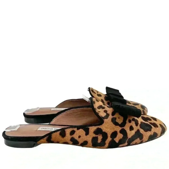 Tabitha Simmons flats size 36 brown calf hair cheetah print slip on bow mules - Picture 3 of 13